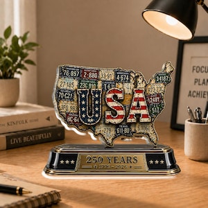 Bloque acrílico del 250 aniversario de EE. UU., placa con mapa de matrícula vintage, decoración patriótica estadounidense 1776-2026. Regalo.