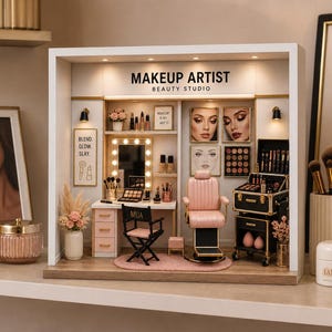 May include: A miniature makeup artist beauty studio diorama featuring a white frame, internal LED lighting, a vanity desk with a lighted mirror, a pink salon chair, a black rolling makeup trolley, and wall art with the text MAKEUP ARTIST BEAUTY STUDIO.