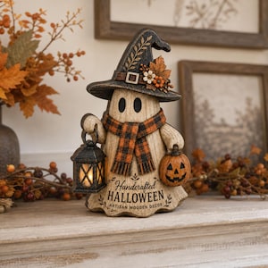 2D Flat Halloween Ghost Wooden Block, Witch Hat Pumpkin Lantern Tabletop Decor, Rustic Fall Mantel Shelf Sign