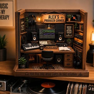 May include: A miniature wooden music studio diorama featuring a desk with a keyboard, drum pad, speakers, and a computer monitor. The sign reads ALEX'S PRODUCER CORNER, WHERE IDEAS BECOME TRACKS, and FOR THE ONE WHO LIVES IN THE STUDIO. Includes a chair.