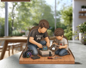 Bloco de madeira personalizado para pai gamer, lembrança personalizada de jogos para pai e filho, presente de Dia dos Pais para Jogador 1 e Jogador 2.