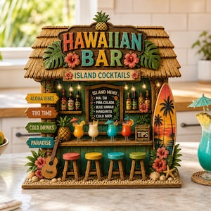Puede incluir: Una miniatura de bar hawaiano con techo de paja, un letrero que dice HAWAIIAN BAR ISLAND COCKTAILS y cuatro taburetes. El bar incluye estantes con botellas, un menú, una tabla de surf, una guitarra y cuatro cócteles coloridos.