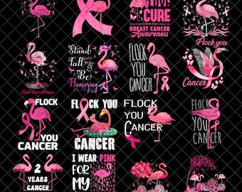 フラミンゴ乳がんPNGバンドル、Flock You Cancer PNG、ピンクリボンおもしろ啓発シャツPNG、ママサポート昇華デザイン