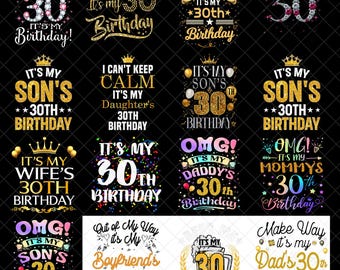 30歳の誕生日PNGバンドル、面白いOMGデジタルデザイン、ゴールデンマイルストーン誕生日クリップアート、息子娘ママパパパーティー昇華プリント