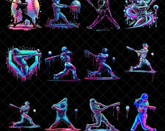 Baseball Player Drip PNG Bundle, Neon Ice Cream Drip Sublimation Clipart, Glow Effect Sports Baseball Digital Download