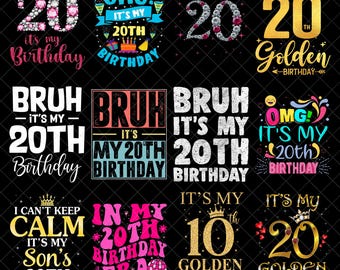 20歳の誕生日PNGバンドル、ゴールデンバースデーデジタルダウンロード、面白いOMG Bruhパーティーデザイン、節目の誕生日クリップアート