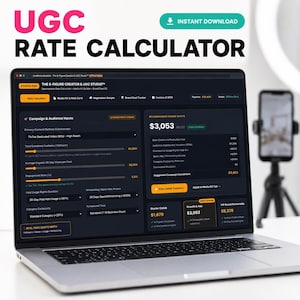 May include: A laptop screen displaying a digital UGC Rate Calculator interface with dark mode aesthetics. The dashboard features input fields for campaign metrics, audience data, and a calculated brand quote of $3,053 in bold text.