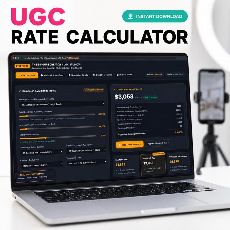 May include: A laptop screen displaying a digital UGC Rate Calculator interface with dark mode aesthetics. The dashboard features input fields for campaign metrics, audience data, and a calculated brand quote of $3,053 in bold text.