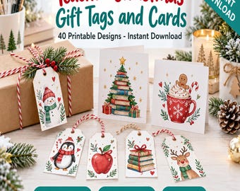 May include: A set of printable Christmas gift tags and cards featuring watercolor illustrations of a snowman, penguin, apple, books, and reindeer. The text reads Teacher Christmas Gift Tags and Cards, 40 Printable Designs, and Instant Download.