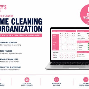May include: A laptop displays a pink and white home cleaning and organization planner. The screen shows a weekly cleaning schedule, task tracker, and room checklist. The planner includes the text "Home Cleaning & Organization" and "Excel Workbook."