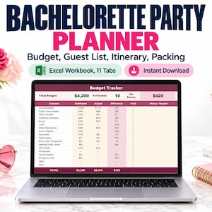 May include: A digital bachelorette party planner displayed on a laptop screen, featuring a budget tracker spreadsheet with columns for expenses, estimated and actual costs, and notes. The text reads BACHELORETTE PARTY PLANNER, Budget, Guest List, Itinerary, Packing, Excel Workbook, 11 Tabs, and Instant Download.