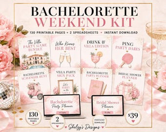 Bachelorette Party Planner Bundle | Itinerary Spreadsheet, Budget Tracker, 130 Printable Games, Signs, Labels | Google Sheets Excel PDF