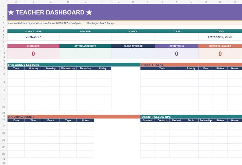 Actual blank-start teacher dashboard, ready for your own classroom details and roster.