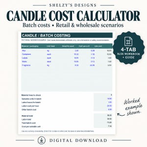 Puede incluir: Una plantilla de hoja de cálculo digital para el cálculo de costes de velas de Shelzy's Designs. El documento presenta una tabla de costes por lote con columnas para material, unidad, cantidad, coste por unidad y coste de línea.