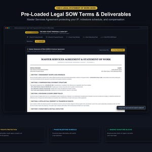 May include: A digital interface displaying a Master Services Agreement and Statement of Work document. The screen features sections for engagement scope, deliverables, compensation, payment structure, scope creep policy, and intellectual property rights.