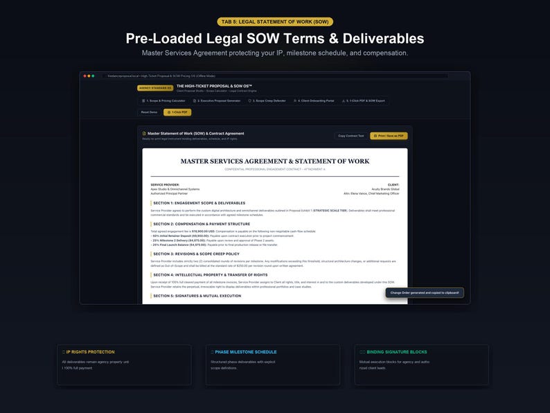 May include: A digital interface displaying a Master Services Agreement and Statement of Work document. The screen features sections for engagement scope, deliverables, compensation, payment structure, scope creep policy, and intellectual property rights.