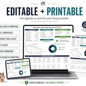 May include: A digital finance binder template with the words "EDITABLE + PRINTABLE". The image shows a laptop, tablet, and printed pages displaying a mortgage loan amortization schedule. Features include Google Sheets and Excel compatibility.