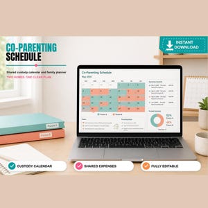 May include: A laptop displaying a digital co-parenting schedule for May 2025 with a color-coded calendar, custody summary pie chart, and notes. The screen shows text including Co-Parenting Schedule, Parent A, Parent B, and Upcoming Handoffs.