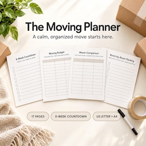 Może przedstawiać: Zestaw planera przeprowadzkowego z czterema białymi stronami zatytułowanymi The Moving Planner, A calm, organized move starts here. Strony zawierają 8-Week Countdown, Moving Budget, Mover Comparison oraz Room-by-Room Packing. Zawiera 17 stron, 8-week countdown oraz formaty US Letter + A4.