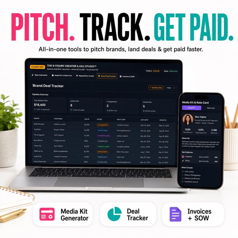 UGC Rate Calculator & Media Kit Generator | Creator Sponsorship Pricing Brand Deal Tracker Influencer Rate Card Pitch Contract Invoice image 3