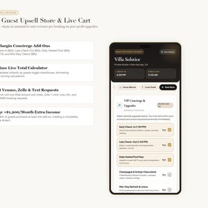 May include: A smartphone screen displaying a guest upsell store interface for Villa Solstice. The UI features a dark header with check-in and check-out times, followed by a list of concierge upgrades like early check-in, late check-out, and pool passes.