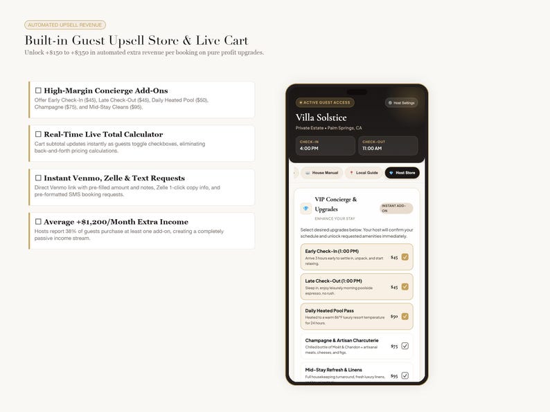 May include: A smartphone screen displaying a guest upsell store interface for Villa Solstice. The UI features a dark header with check-in and check-out times, followed by a list of concierge upgrades like early check-in, late check-out, and pool passes.