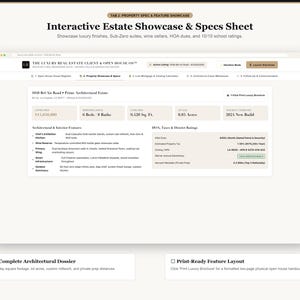 Pode incluir: Uma interface digital intitulada Interactive Estate Showcase & Specs Sheet exibindo detalhes da propriedade 1058 Bel Air Road. A tela mostra o pre&ccedil;o, 6 quartos, 8 banheiros, 875 m&sup2;, 0,34 hectares e uma constru&ccedil;&atilde;o nova de 2024 com recursos.