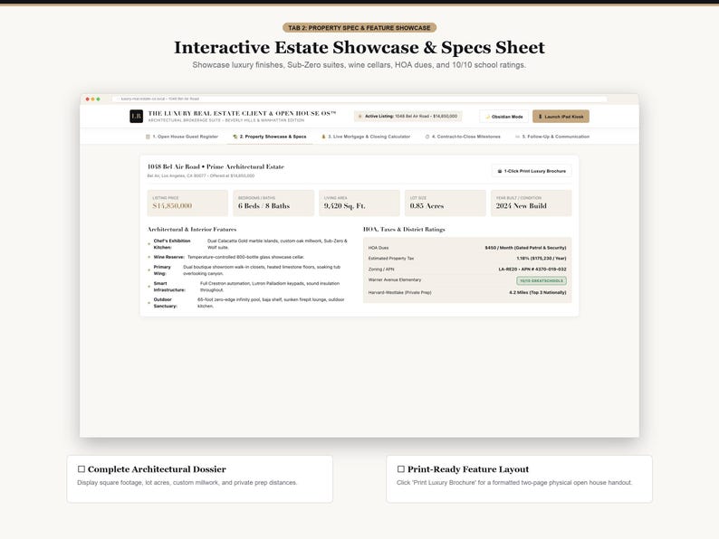 Pode incluir: Uma interface digital intitulada Interactive Estate Showcase & Specs Sheet exibindo detalhes da propriedade 1058 Bel Air Road. A tela mostra o pre&ccedil;o, 6 quartos, 8 banheiros, 875 m&sup2;, 0,34 hectares e uma constru&ccedil;&atilde;o nova de 2024 com recursos.