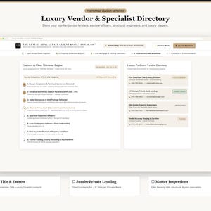 Pode incluir: Uma interface digital intitulada Luxury Vendor & Specialist Directory exibindo um motor de marcos de fechamento de contrato e um diret&oacute;rio de fornecedores preferenciais. O painel lista etapas de transa&ccedil;&otilde;es e contatos.