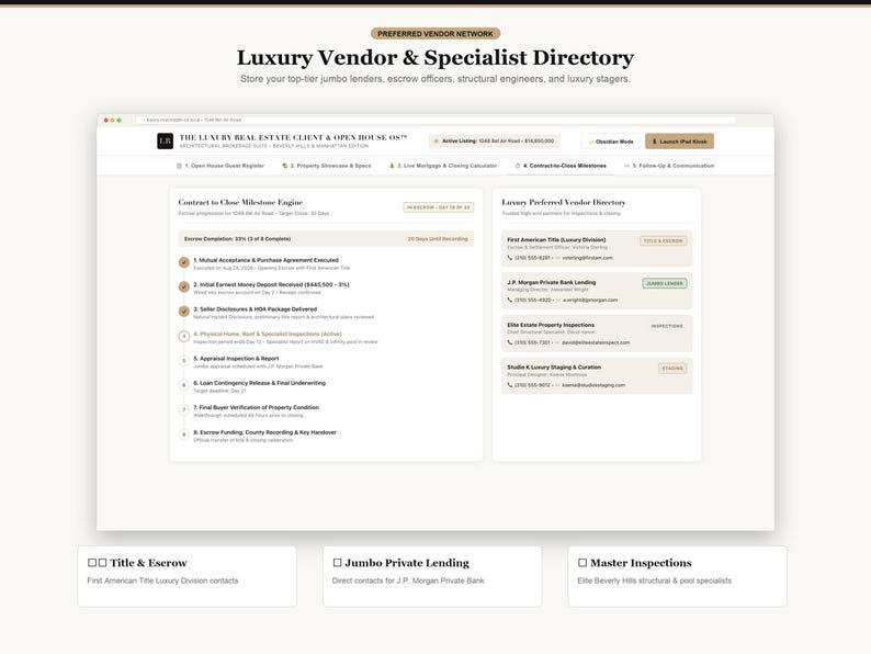 Pode incluir: Uma interface digital intitulada Luxury Vendor & Specialist Directory exibindo um motor de marcos de fechamento de contrato e um diret&oacute;rio de fornecedores preferenciais. O painel lista etapas de transa&ccedil;&otilde;es e contatos.