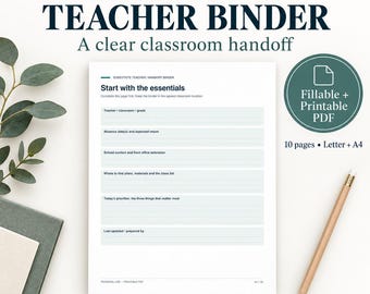 May include: A digital download Substitute Teacher Binder template featuring the text "SUBSTITUTE TEACHER BINDER" and "Start with the essentials" with fillable fields for teacher information, absence dates, school contacts, and daily priorities.