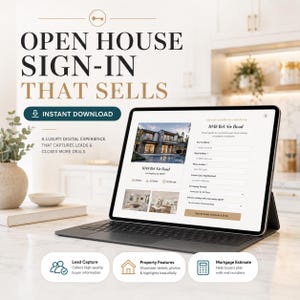 Pode incluir: Um tablet digital exibindo um formul&aacute;rio de registro para visita a im&oacute;vel em 1048 Bel Air Road. A tela mostra fotos, campos de entrada de dados e um bot&atilde;o de envio. O texto inclui: OPEN HOUSE SIGN-IN THAT SELLS e INSTANT DOWNLOAD.