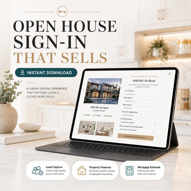 Pode incluir: Um tablet digital exibindo um formul&aacute;rio de registro para visita a im&oacute;vel em 1048 Bel Air Road. A tela mostra fotos, campos de entrada de dados e um bot&atilde;o de envio. O texto inclui: OPEN HOUSE SIGN-IN THAT SELLS e INSTANT DOWNLOAD.