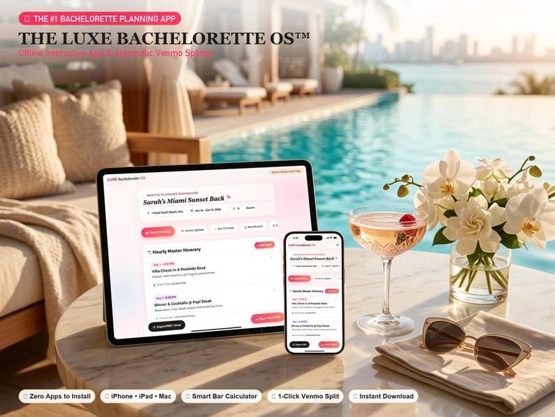 Luxe Bachelorette OS | Interactive Itinerary, Budget Splitter, MOH Guide (Digital Download) image 1
