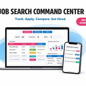 May include: A laptop and smartphone display a job search dashboard. The laptop screen shows application tracking with applied, interview, and offer counts. The phone displays an application tracker. Text reads "Job Search Command Centre."