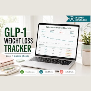 Registro de pérdida de peso con GLP-1, registro de inyecciones, efectos secundarios (Excel/Google Sheets)