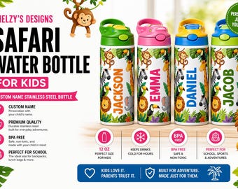 Personalized Safari Jungle Animals Stainless Steel Kids Water Bottle