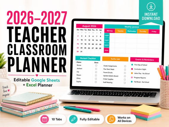 2026-2027 Teacher Planner Spreadsheet | Google Sheets Excel Lesson Plan Grade Book | Classroom Organizer