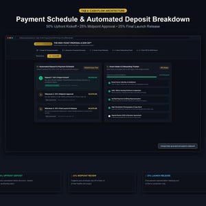 May include: A digital interface displaying a Payment Schedule & Automated Deposit Breakdown. The dark-themed dashboard features sections for project milestones, asset intake, and onboarding trackers with text detailing payment percentages.