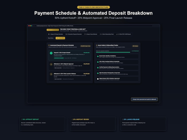 May include: A digital interface displaying a Payment Schedule & Automated Deposit Breakdown. The dark-themed dashboard features sections for project milestones, asset intake, and onboarding trackers with text detailing payment percentages.