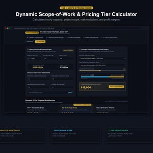 May include: A digital interface titled Dynamic Scope-of-Work & Pricing Tier Calculator featuring dark mode aesthetics with yellow accents. The dashboard displays input fields for hourly capacity, project scope, and profit margin calculations.