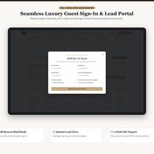 Pode incluir: Uma interface digital para um portal de registro de convidados exibida em uma tela de tablet. A tela mostra um formul&aacute;rio para 1048 Bel Air Road com campos para nome, e-mail, telefone, cidade, cronograma e status do agente.