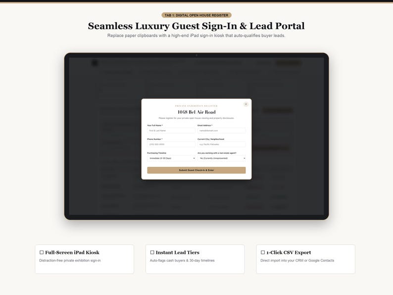 Pode incluir: Uma interface digital para um portal de registro de convidados exibida em uma tela de tablet. A tela mostra um formul&aacute;rio para 1048 Bel Air Road com campos para nome, e-mail, telefone, cidade, cronograma e status do agente.