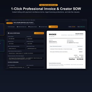 May include: A digital interface for a 1-Click Professional Invoice & Creator SOW tool. The dark-themed dashboard displays invoice details, payment terms, and a generated invoice document for Michelle Perkins, featuring line items and total due.