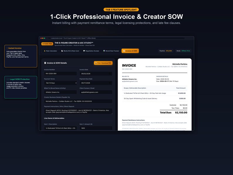 May include: A digital interface for a 1-Click Professional Invoice & Creator SOW tool. The dark-themed dashboard displays invoice details, payment terms, and a generated invoice document for Michelle Perkins, featuring line items and total due.