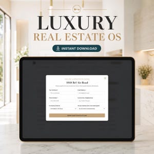 Pode incluir: Um tablet digital exibindo uma interface Luxury Real Estate OS com um formul&aacute;rio de registro para 1048 Bel Air Road. O formul&aacute;rio inclui campos para nome, e-mail, telefone, cidade, cronograma e status de agente com um bot&atilde;o.