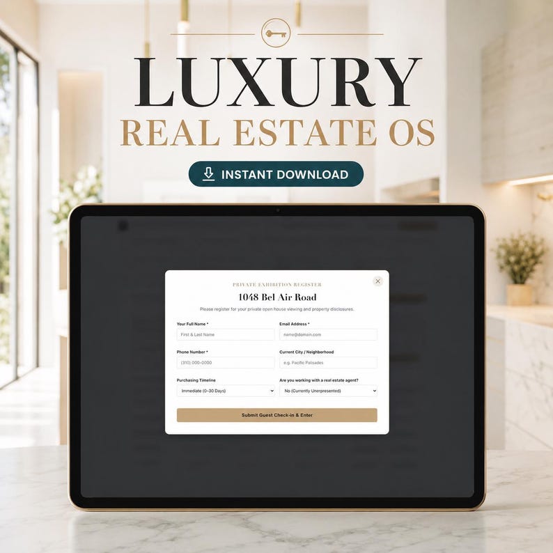 Pode incluir: Um tablet digital exibindo uma interface Luxury Real Estate OS com um formul&aacute;rio de registro para 1048 Bel Air Road. O formul&aacute;rio inclui campos para nome, e-mail, telefone, cidade, cronograma e status de agente com um bot&atilde;o.