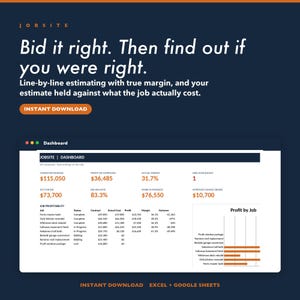 May include: A digital dashboard template for jobsite estimating, featuring text that reads: Bid it right. Then find out if you were right. Line-by-line estimating with true margin. The interface displays job profitability, revenue, and profit by job charts.