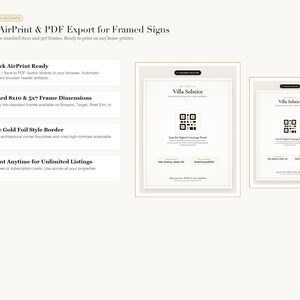 May include: A digital signage template set featuring Villa Solstice branding with a scannable QR code, gold foil style borders, and text labels for 8x10 and 5x7 inch frames. The layout includes instructions for 1-click AirPrint and PDF export.