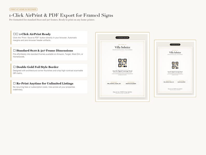 May include: A digital signage template set featuring Villa Solstice branding with a scannable QR code, gold foil style borders, and text labels for 8x10 and 5x7 inch frames. The layout includes instructions for 1-click AirPrint and PDF export.